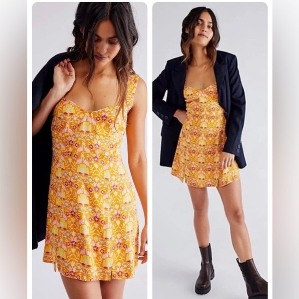 Free People Yellow Floral Sasha Mini Dress Size XS Boho Cottagecore Festival